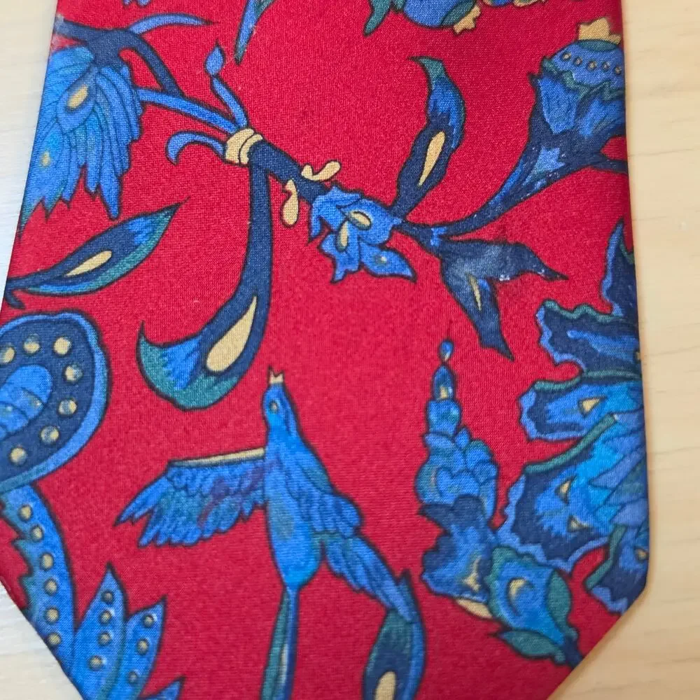 Lot of 2 Vintage 100% Italian Silk Ties Red Floral & Navy Blue Geometric Stripe